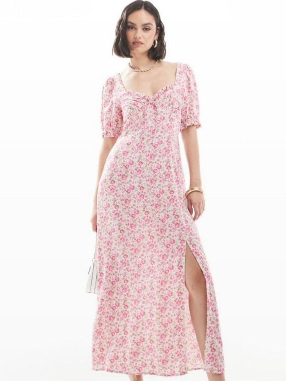 ASOS DESIGN ruched bust midi tee dress with split in red & pink rose ditsy print